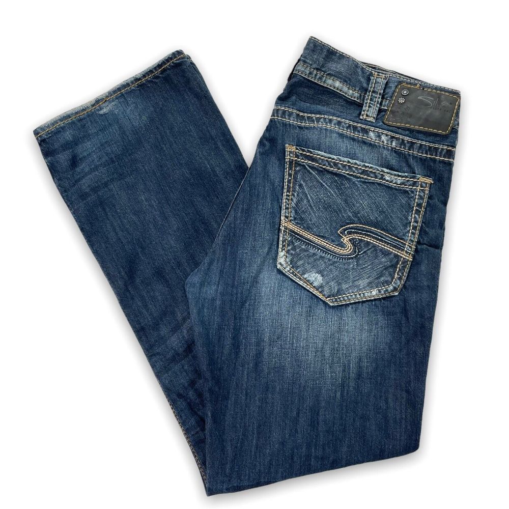 Silver NASH Heritage Medium Wash Jeans Buckle Straight Distressed Actual 38x34